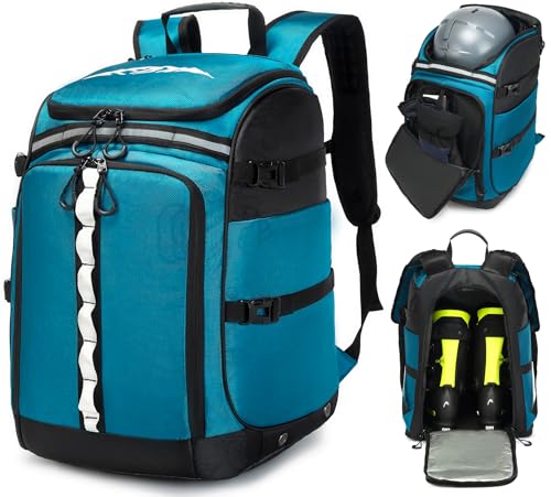BISKLNDN Ski Boot Bag, 65L Ski Boot Travel Backpack for Ski Helmet, Goggles, Gloves, Skis, Snowboard & Accessories, Waterproof Ski Bag
