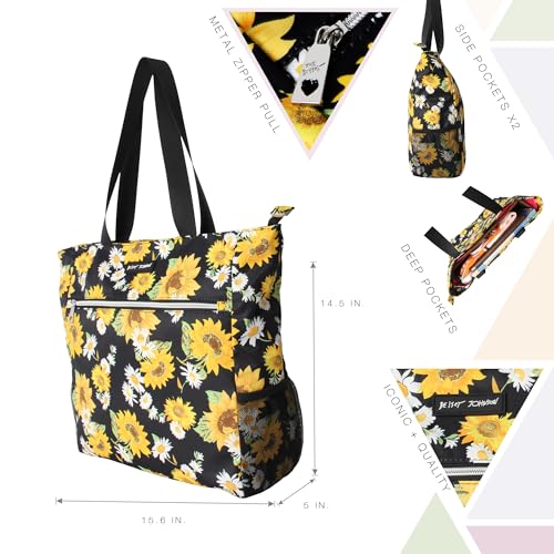 Betsey Johnson 15.6 Inch Zipper Beach Tote Bag with Cosmetic Pouch Lightweight Large Durable Polyester with Mesh Side Pockets for Gym Work, Sunflowers