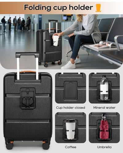 Joyway Carry on Luggage Airline Approved with Front Pocket, Hardside 20 Inch Travel Luggages with Cup Holder, Carry-on Suitcase with Leather Handbag