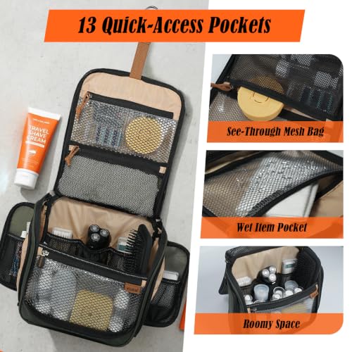 WELKINLAND 13-Pocket Hanging Toiletry Bag, Waterproof Mens Hanging Toiletry Travel Bag, Large Mens Dopp Kit For Travel, Fully Openable Bathroom Travel Bag For Men, Shaving Kit Bag For Men Travel