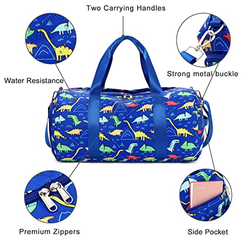 CAMTOP Kids Duffel Overnight Bag Boys Girls Toddler Weekender Carry-On Personalized Tote for Travel Gym Sport (Dinosaur-Dark Blue)
