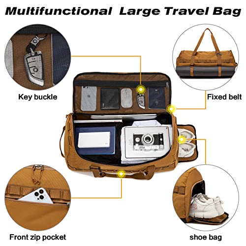 Lyweem 60L Duffle Bag for Men Travel Duffel Bag Large Size for Women Weekender Overnight with Shoes Compartment Multifunctional Gym Bags, Brown