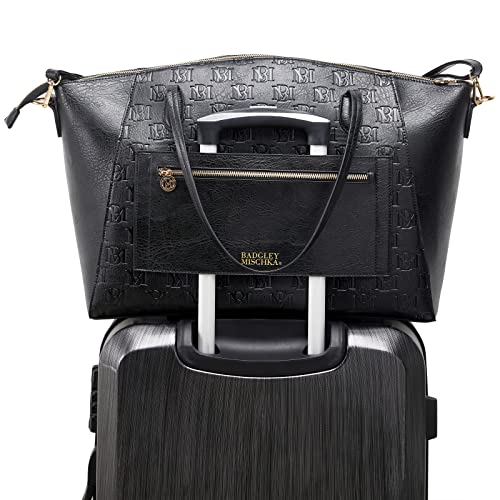 Badgley Mischka Caroline Weekender Travel Bag for Women, Vegan Leather Duffel Tote with Trolley Sleeve, Monogram Design, Carry On Overnight Bag (Black)