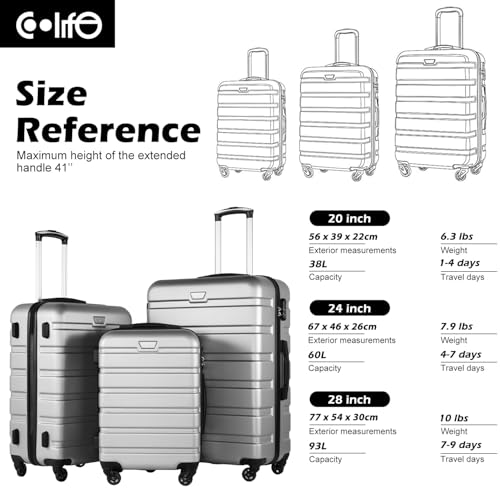 Coolife Luggage 3 Piece Set, Lightweight Durable Hardshell Suitcase set with 360° Spinner Wheels, TSA-approved Lock, Checked Family Travel Luggage sets, 20/24/28 Inch, Silver