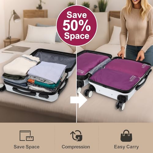 Cambond Compression Packing Cubes for Travel - 4 Pack Lightweight Expandable Luggage Packing Organizers Travel Essentials Accessories Bags Compression Cubes Space Saver for Carry on Suitcases, Purple