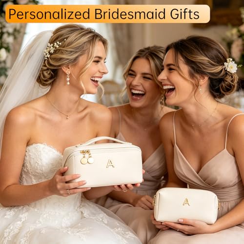 CLOUDWINGS Birthday Gifts for Women Teen Girl, Personalized Initial Makeup Organizer Bag Set, Open Flat Travel Cosmetic Bag With Clear Divider and Handle(Beige,A)