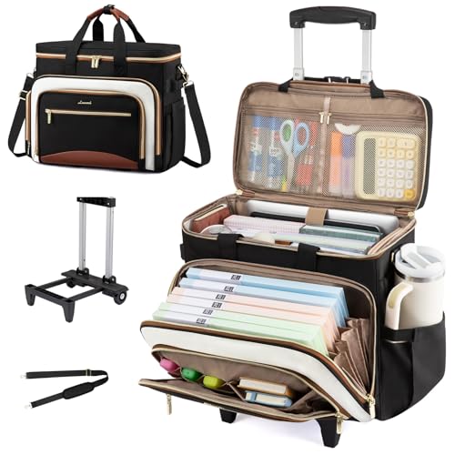 LOVEVOOK Rolling Teacher Bag with Detachable Dolly and Laptop Compartment, Large Rolling Tote Bag fits for 17.3" Laptop for Teacher Office Work Craft Nurse, Black-beige-brown