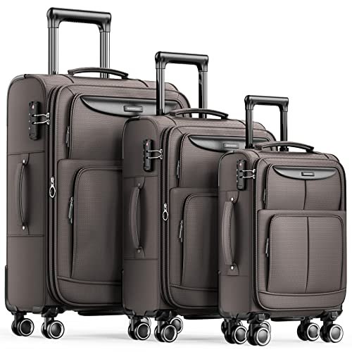 SHOWKOO Luggage Sets 3 Piece Softside Expandable Lightweight Durable Suitcase Sets Double Spinner Wheels TSA Lock Light Coffee (20in/24in/28in)