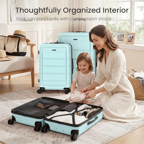 SHOWKOO Upgrade Luggage Sets 3pcs, 100% Premium PC Durable Expandable Luggage Suitcase with Double Wheels TSA Lock Mint Green