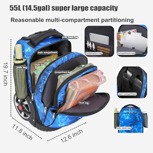 WMKJDS Rolling Backpack, 55L (14.5gal) Backpack with Wheels for Business, Waterproof Backpack with Dual Handles and Silent Large Wheels, Carry on Backpack with Laptop Compartment (Red,22 inch)