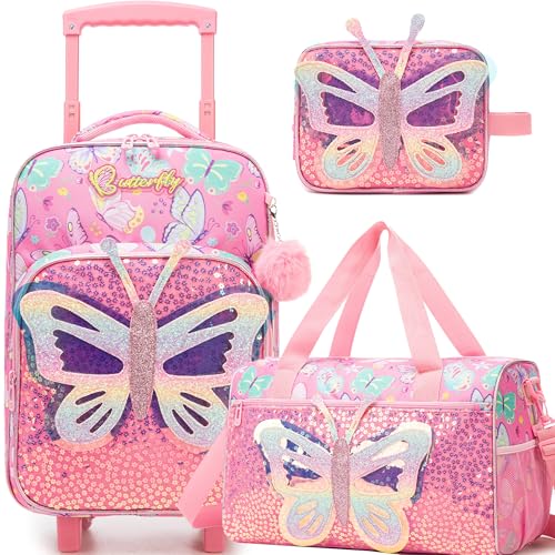 Homskiii Kids Pink Butterfly Luggage with Wheels Suitcases Travel Softside Suitcases 16" Carry on Suitcase with Duffle Bag Luggage Sets Airline Approved
