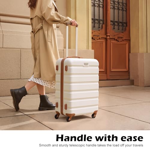 Coolife Luggage 3 Piece Set, Lightweight Durable Hardshell Suitcase set with 360° Spinner Wheels, TSA-approved Lock, Checked Family Travel Luggage sets, 20/24/28 Inch, Apricot White