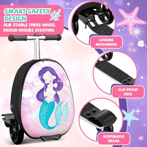Baotree Scooter Suitcase for Kids, 2 in 1 Ride-on Luggage with Flash PU Wheels, Adjustable Handle & TPR Non-Slip Grip, Foldable & Lightweight, Ages 5-12