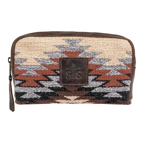 STS Ranchwear Guadalupe Serape Cosmetic Bag, Western Handwoven Cotton with Leather Trim, Aztec Pattern, Brown and Cream, 9.5 x 3.5 x 7.5 Inches