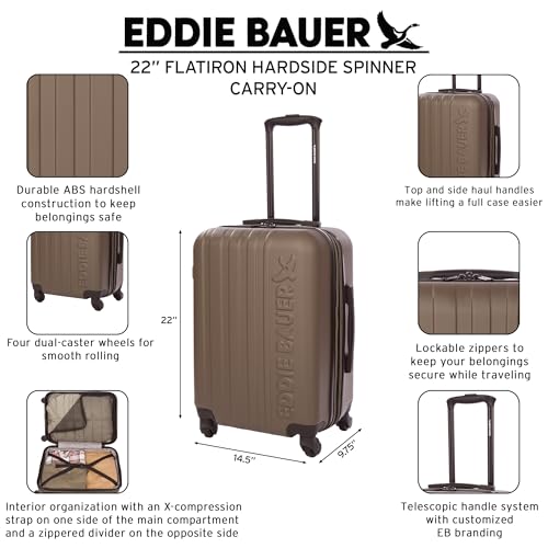Eddie Bauer Flatiron Carry-On 22" Luggage | Hardside | Spinner Wheels | Expandable | Lightweight | Travel Essentials - Dark Fatigue