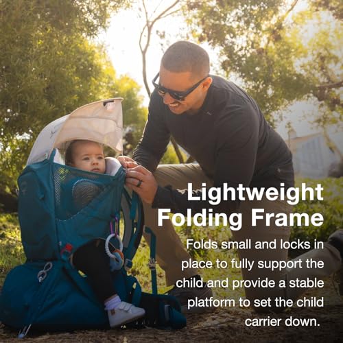 Osprey Poco SLT Lightweight Child Carrier Backpack – Slimmed-Down Hiking Carrier for Toddlers with Safety Harness, Sunshade, and Ventilated Backpanel – Lightweight Travel-Friendly Option, Deep Peyto