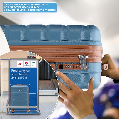 Flight Knight 24x16x10 Expandable Carry On Suitcase Hardside TSA Lock USB C Lightweight Luggage Silent Double Spinner Wheels Maximum Overhead Carry-On Bag For Virgin South West Approved Blue/Tan