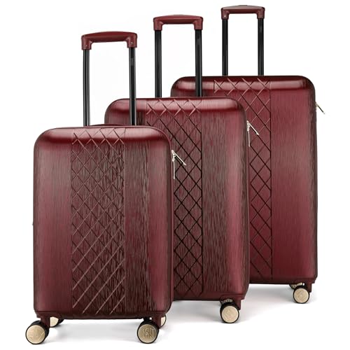 Badgley Mischka Diamond Hard Expandable Spinner Luggage Set (3 Piece) (Burgundy-Black Bars)
