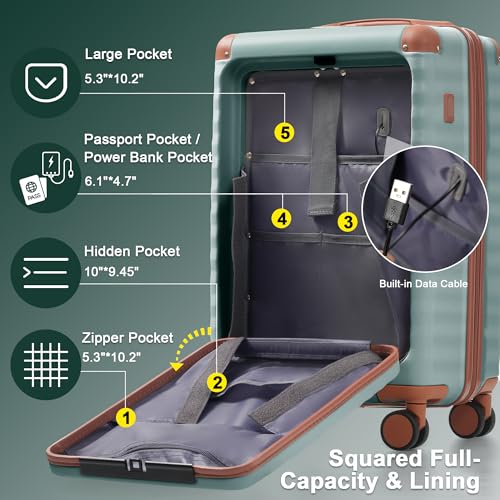 Merax 5 Piece Luggage Set Front Opening Expandable Hardside Carry On Suitcase with Double Spinner Wheels TSA Lock USB Port and Cup Holder,20" 24" 28"(Antique blue green)