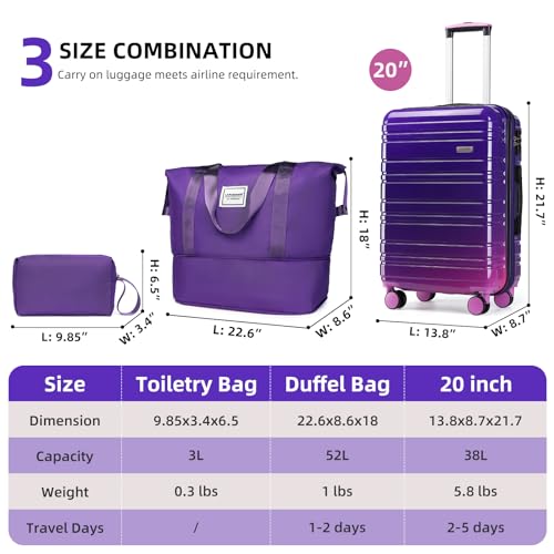 LARVENDER Luggage Sets 3 Piece, 20 Inch Carry on Luggage 22x14x9 Airline Approved Hardside PC+ABS Suitcase Set with Spinner Wheels TSA Lock, Lightweight Luggage Set for Women, Midnight Berry