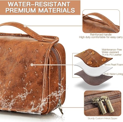 Elviros Hanging Toiletry Bag for Men Travel Essentials 3-in-1 Large Waterproof Dopp Kit PU Leather Shaving Bag with Separate Compartments for Grooming and Toiletries Mens Gift