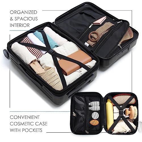 TRAVELARIM 20 Inch Carry On Luggage 22x14x9 Airline Approved, Carry On Suitcase with Wheels, Hard-shell Carry-on Luggage, Durable Luggage Carry-On, Jet Black Small Suitcase with Cosmetic Case