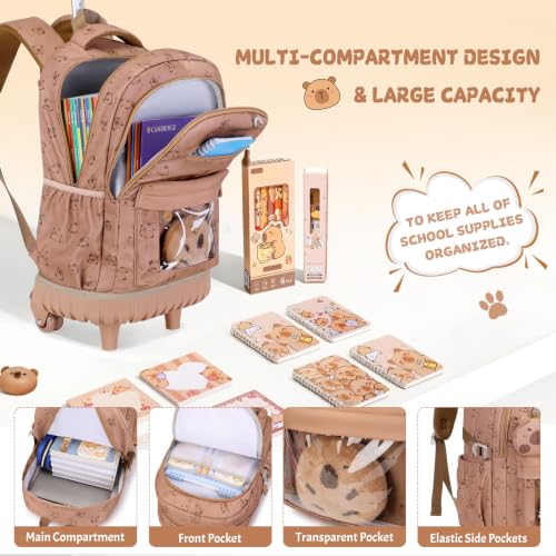 Similove Capybara Theme Rolling Backpack with Lunch Bag & Pencil Case, Kids Rolling Backpack for Girls, Wheeled School Bookbag with Telescoping Handle for Kindergarten Elementary Middle High School