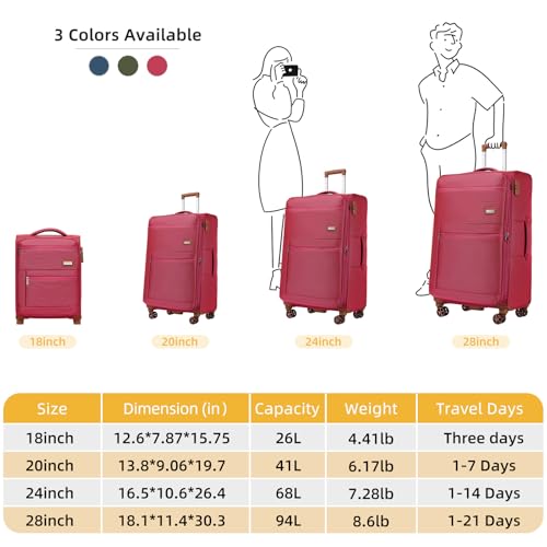 LARVENDER Luggage Sets 4 Piece, Softside Carry On Luggage Suitcase Set with 360° Spinner Wheels for Women Men(28/24/20/18) Rose Red
