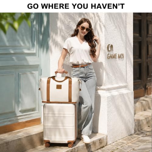 Kono Luggage Set 4 Piece Carry On Hardside Luggage with TSA Lock Spinner Wheels Lightweight PC+ABS Carry On Suitcase Cream White
