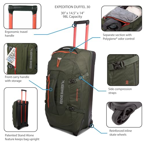 Eddie Bauer Expedition Rolling Duffel Bag with Wheels | Travel | Check-In | Luggage | Rugged | Durable - Black, 30"