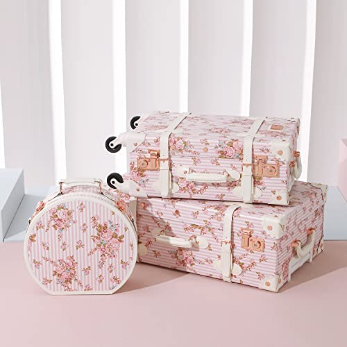 7998 3 Piece Vintage Suitcase Set Women Cute Carry on Luggage with Hat Box Cosmetic Case (pink floral, 26"+20"+12")