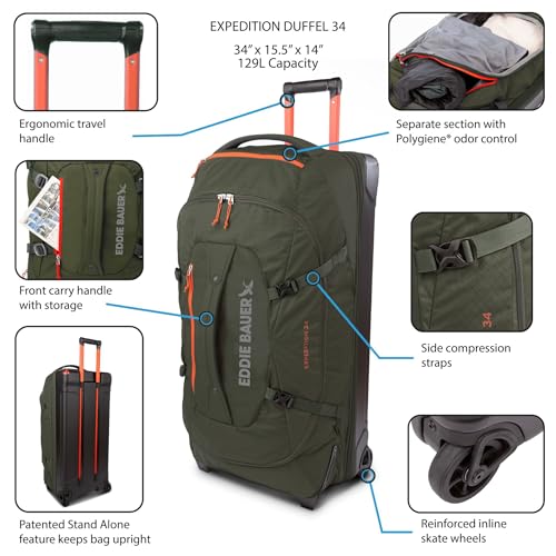 Eddie Bauer Expedition Rolling Duffel Bag with Wheels | Travel | Check-In | Luggage | Rugged | Durable - True Blue, 34"