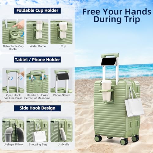 HanTrip 20 Inch Carry on Luggage 22x14x9 Airline Approved Hard Shell Suitcases with Wheels, Top Opening Expandable Carry on Luggage with Cup Holder Small Rolling Suitcase with Lock, Bamboo Green