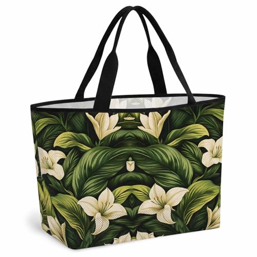 White Lily Flower Mesh Beach Bag, Tropical Bloom Floral Green Leaf Large Tote Bag for Swim Pool Beach Travel