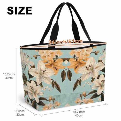 Watercolor Flower Mesh Beach Bag, Lily Seasonal Botanical Blooms Summer Large Tote Bag for Swim Pool Beach Travel