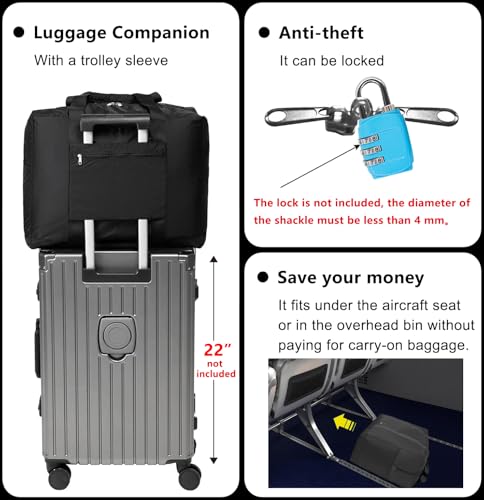 Vimapo Foldable Travel Duffle Bag with Trolley Sleeve 40L - 18x14x8 inches Airline Underseat Lightweight Travel Bag - Packable Ripstop Nylon Carry on Bag (Black)