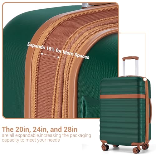 Kono Luggage Set 3 Pieces Expandable PC ABS Durable Suitcase Hardside with Double Spinner Wheels Tsa Lock Green(20in/24in/28in)