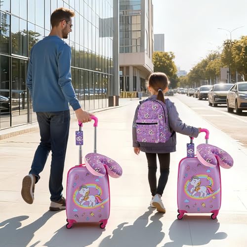 VEVOR Kids Luggage Set, 5 Piece, 18 Inch Hardside Rolling Wheels Suitcase with Backpack & U-shape Pillow, Unicorn Kids Carry on Luggage Set, Holiday Birthday Gift for Girls Boys, Airline Approved