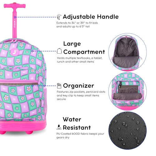 J World Sunrise Kids Rolling Backpack with Wheels for Girls Boys, Roller Bookbag for School, 18 x 13 x 9 Inches, Puffy Flower