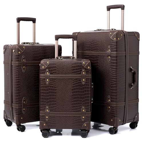 NZBZ Vintage Luggage Sets for Women, PU Leather Retro Suitcase, Vintage Trunk Luggage, Vintage Suitcase Set (Brown Crocodile-embossed, 20inch & 24inch & 28inch)
