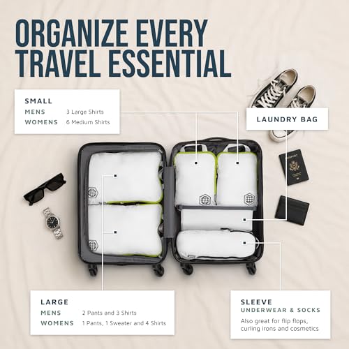 Compression Packing Cubes for Travel, 6-Piece Lightweight Packing Cubes Set for Carry-On Luggage & Backpacks – TRIPPED Travel Gear (White and Green)
