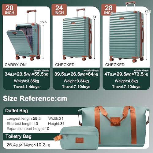 Merax Luggage Sets 5 Piece with 20 Inch Front Opening,24" & 28" Hardside Expandable Carry on Suitcase with Spinner Wheels TSA Lock USB Port Cup Holder Duffel Bag and Toiletry Bag,Blue Green