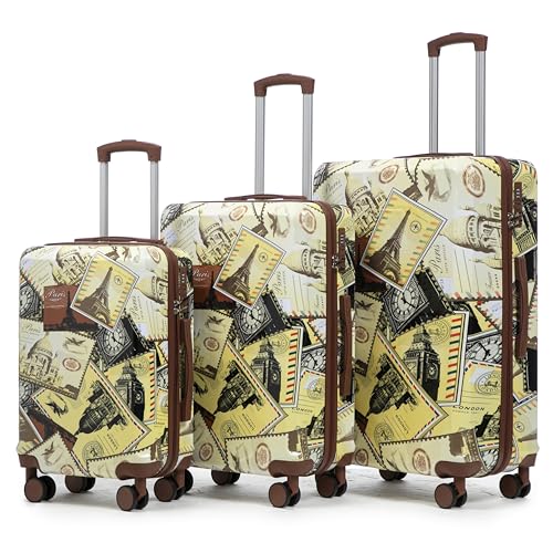MoBtovs Luggage Sets, 3 Piece Durable Suitcase Set, PC with Printed pattern and Combination Lock, 20"/24"/28", Suitable for Long Term travel and Carrying with You, Black Vintage