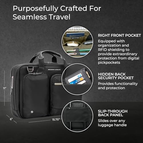 Briggs & Riley Medium Expandable Briefcase - Laptop Bag for Work & Travel, Briefs for Men & Women, Includes Shoulder Strap, Self-Repairing Zippers, Fits up to 15" Computer - HTA Collection, Black