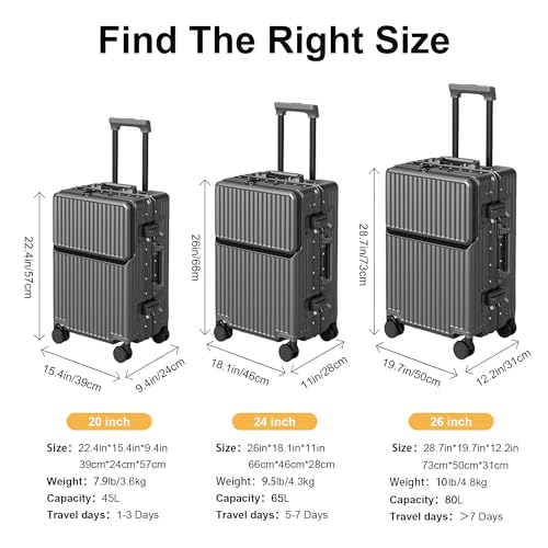 AIWEINY Carry on suitcase Zipperless Luggage,Polycarbonate Aluminum Hard Shell, Expandable Carry-On Suitcase with Spinner Wheels, 20 Inch Cabin