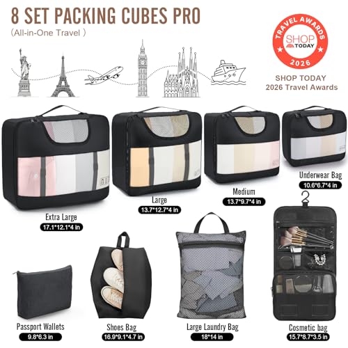 Veken 10 Set/8 Set Packing Cubes for Travel Essentials,Anti-Wrinkle Buckled Suitcase Organizer for Shoe & Toiletry Bag,Carry On Luggage Bag for Airplane & College Dorm Room Accessories,Women Men Gifts