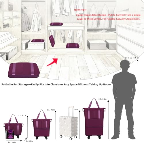 NiceUU Travel Rolling Duffel Bag with Removable Wheels, Expandable Foldable Carry-on Luggage for Trip or Hospitalization, Burgundy Backpack