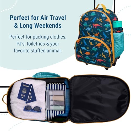 Wildkin Kids 16 Inch Rolling Luggage for Boys & Girls – Lightweight Carry-On Suitcase with Telescoping Handle & Rolling Wheels for School, Travel & Overnight Trips, Ages 3–7 – Jurassic Dinosaurs