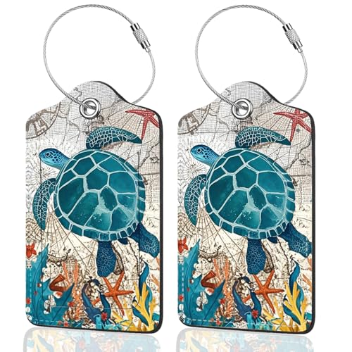 2Pack Luggage Tags for Suitcases, Cute Unique Pu Leather Cruise Luggage Tag with Privacy Cover ID Label Address Card and Metal Ring Suitable for Women Men Kids Travel Bag Retro Map Turtle