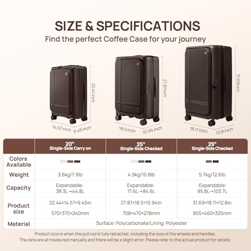 NINETYGO Medium Checked Luggage 25 Inch, Flat Top Opening Check In Luggage with Cup Holder, Expandable, Coffee-Infused PC Hard Shell, Eco-Friendly, TSA Lock, 360° Spinner Wheels (Latte)